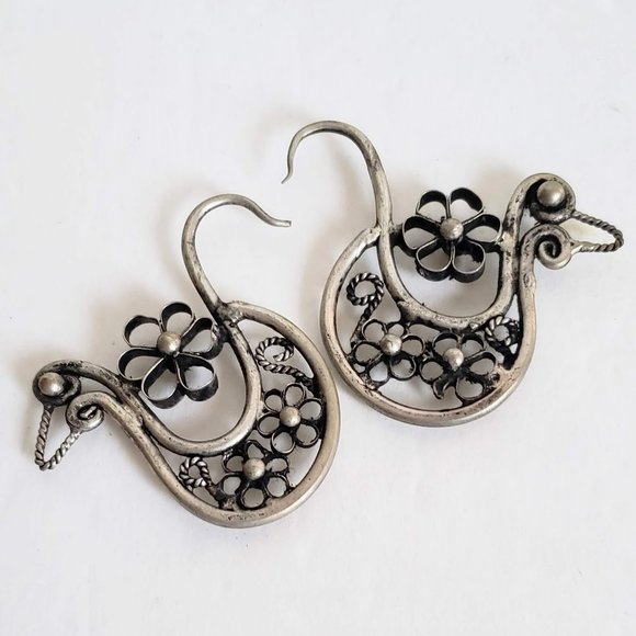 Vintage Jewelry - Large MIAO Silver BIRD EARRINGS Hmong Hoop Tribal Rustic Boho Gypsy Handmade